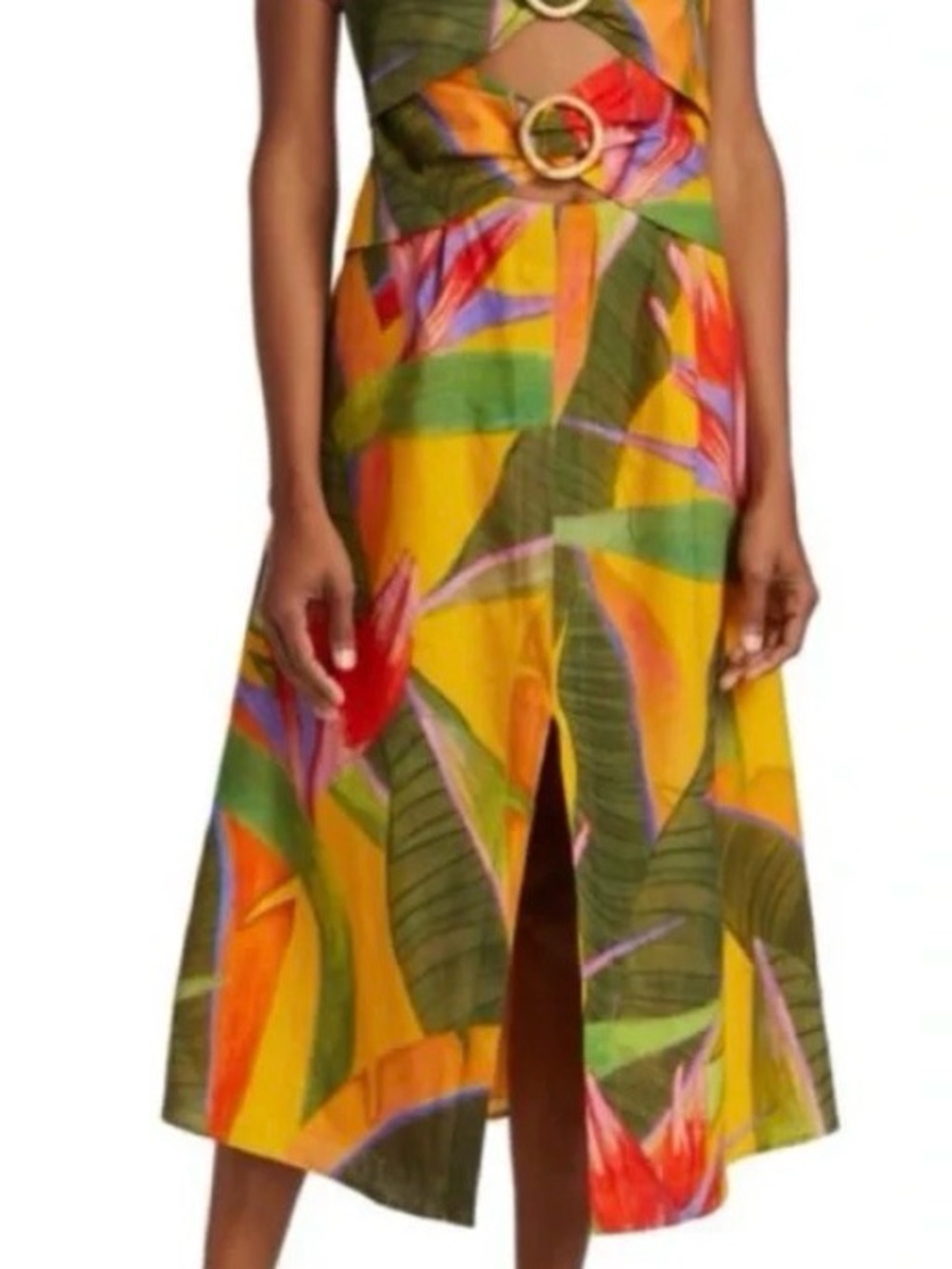 FARM Rio Yellow Tropical Midi Dress with Green Leaf & Red Floral Print